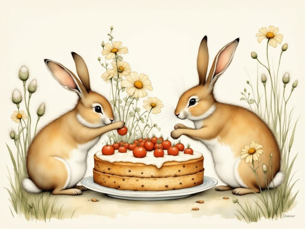 Cute Bunnies Enjoy a Delightful Carrot Cake in a Whimsical W...