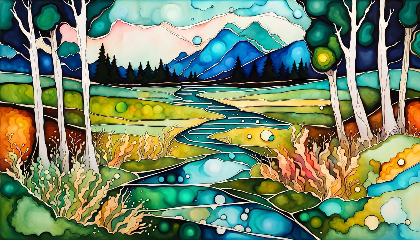Futuristic Alcohol Ink River in Geometric Landscape