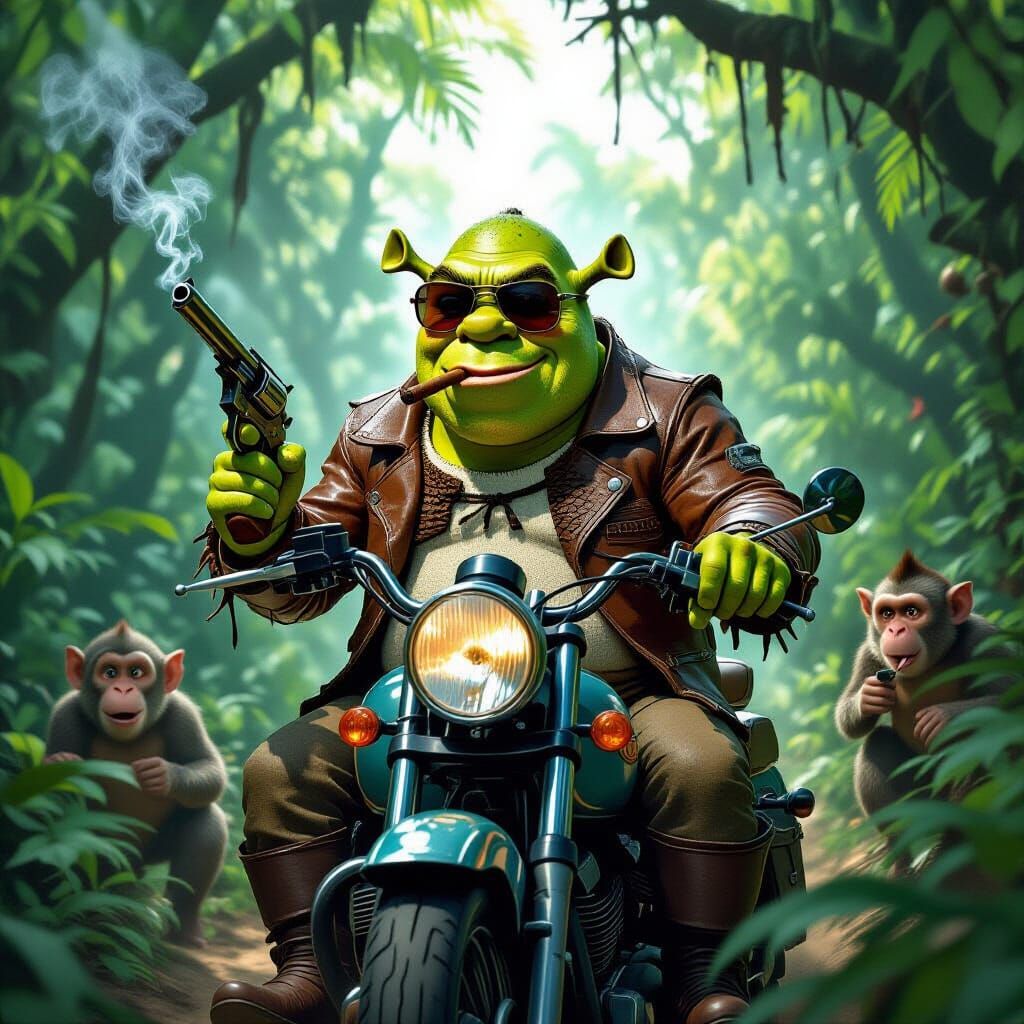 Shrek Rides Donkey Through Jungle in Gritty Style