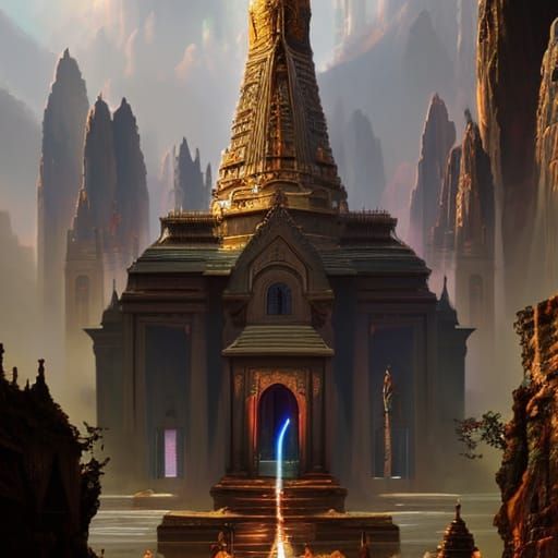 Intricate Temple Interior with Volumetric Lighting