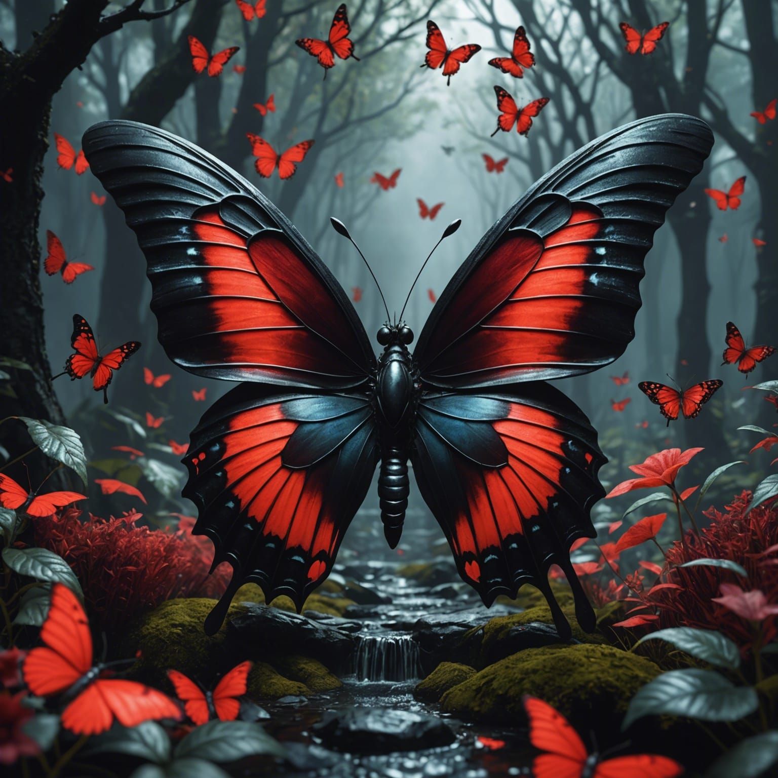Detailed Butterfly in Black, Silver, and Red