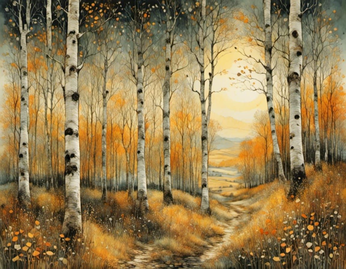 Autumnal Birch Trees in Abstract Style