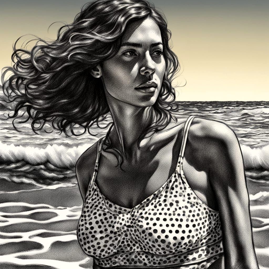 Brunette in Polka Dot Bikini: Charcoal Drawing