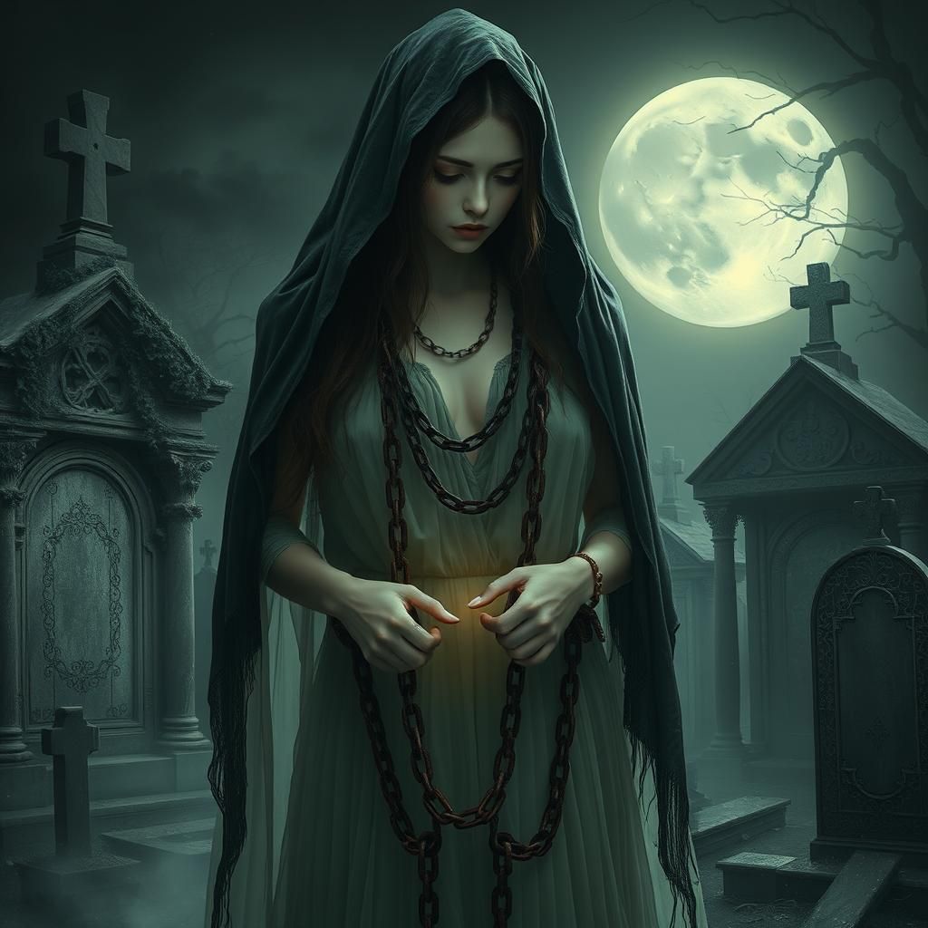 Ethereal Woman in Chains, Mystical Graveyard Scene