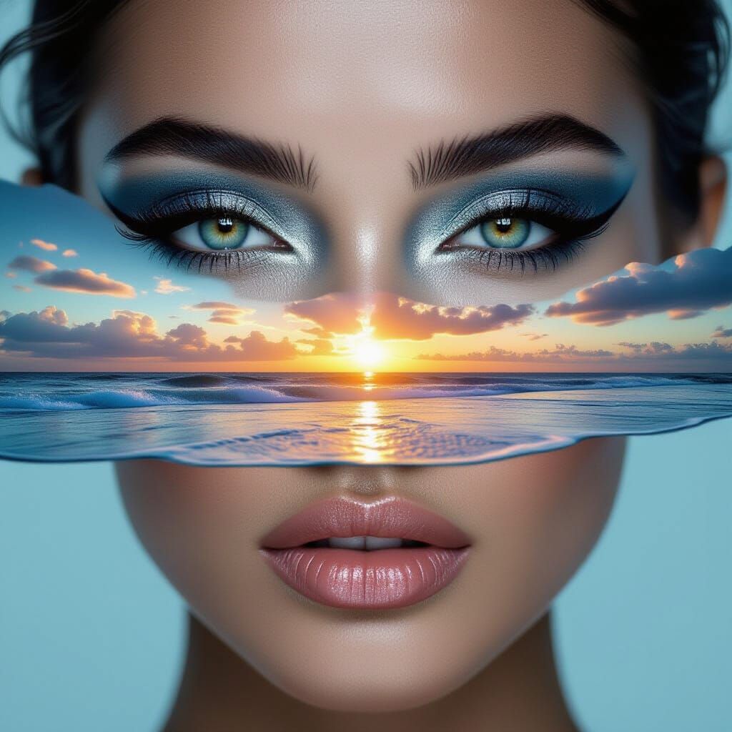 Surreal Metallic Makeup with Beach Double Exposure