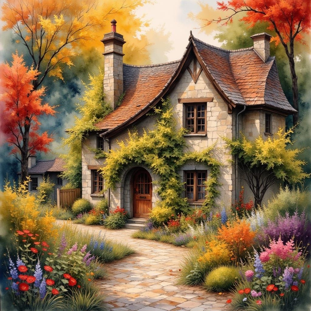Enchanting Autumn Cottage in Folk Art Style