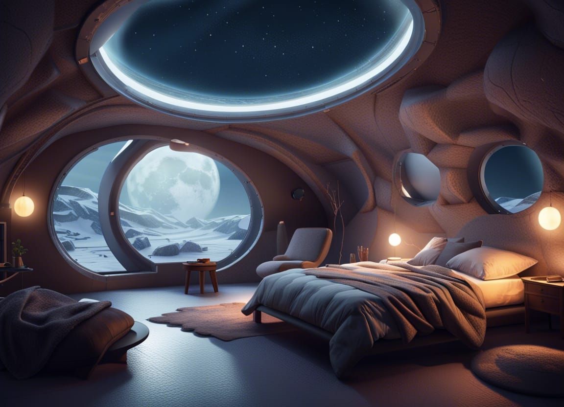 Cozy Underground Shelter on Alien Planet with Moon