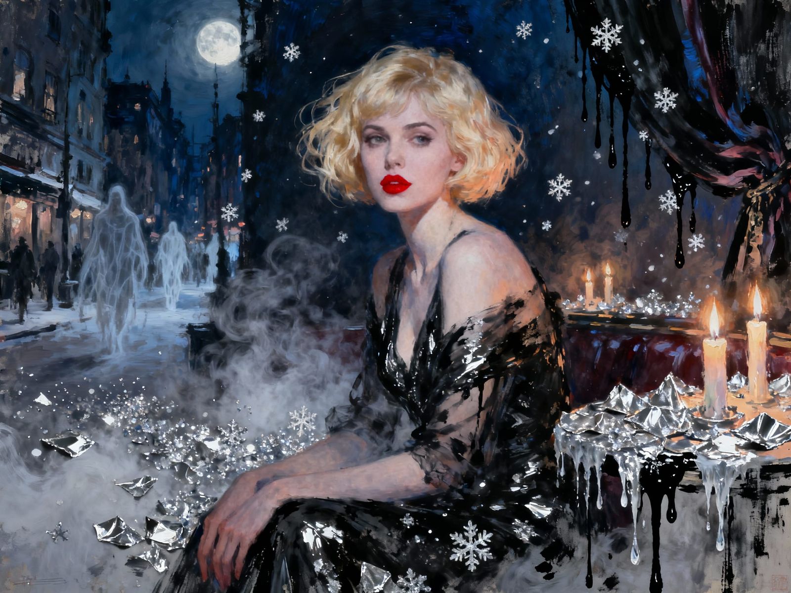 Gothic Blonde Woman in Smoky 1920s Cabaret Portrait