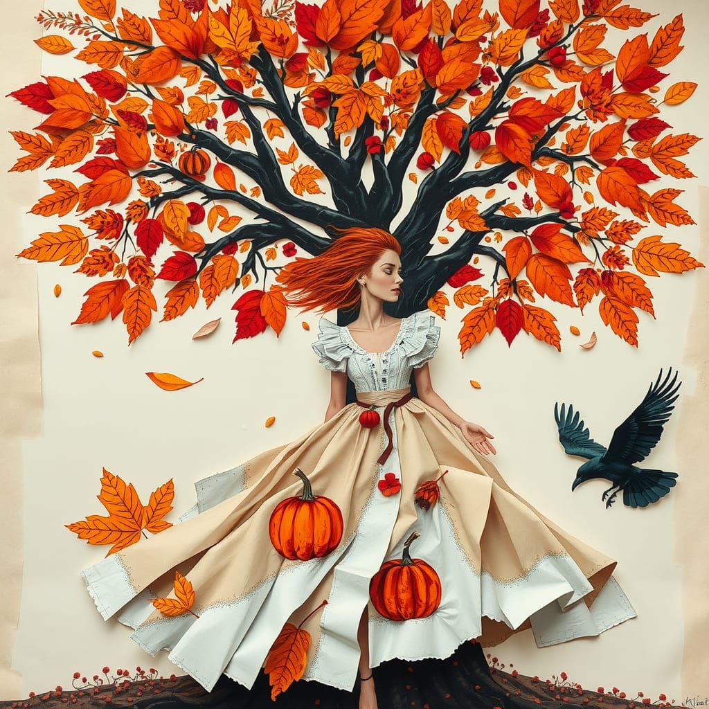 Surreal Autumn Woman Collage in Cubist Style