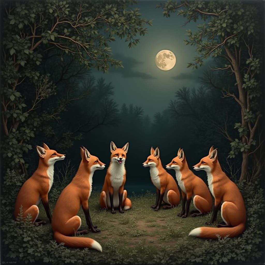 Gothic Fox Gathering in a Dark Victorian Forest