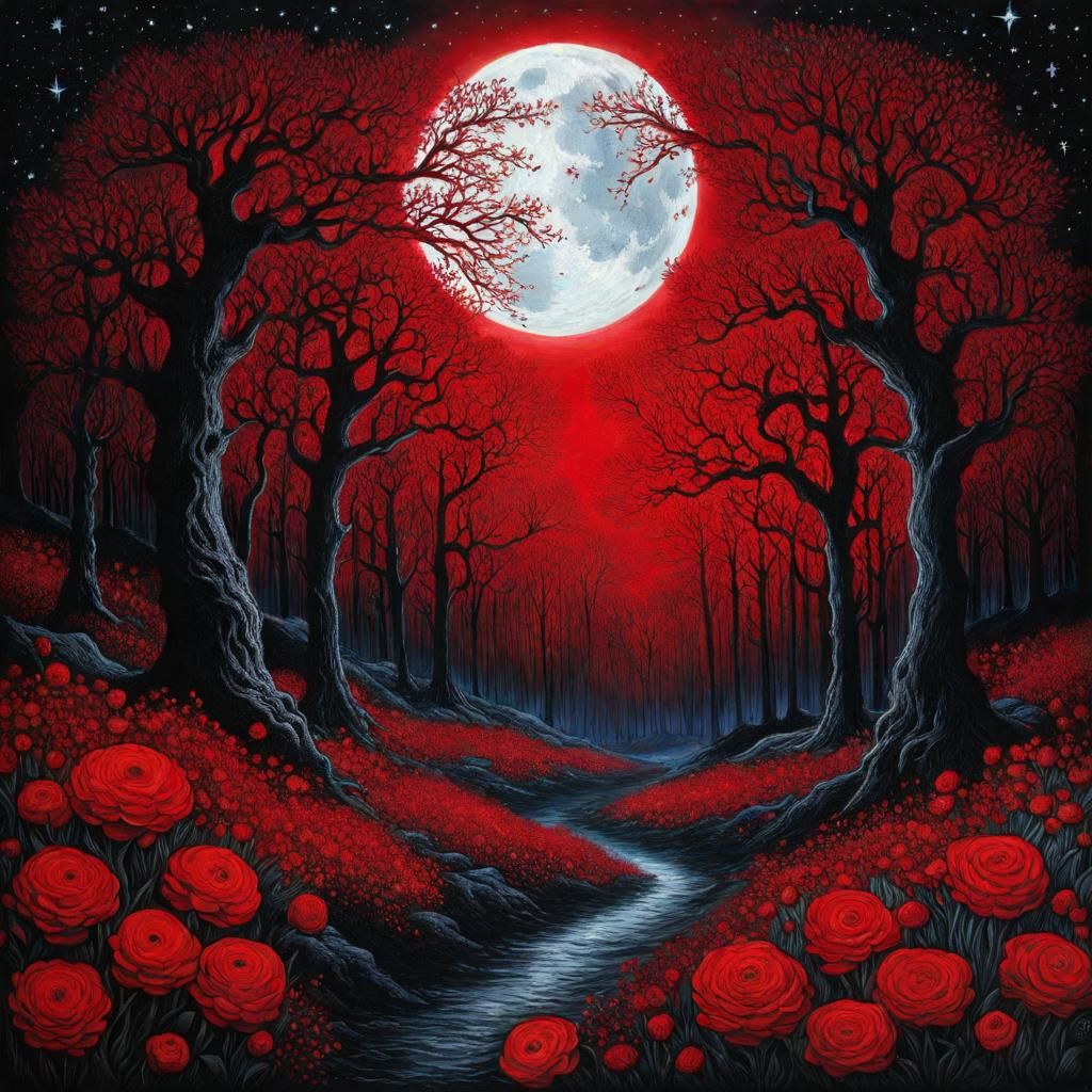 Gothic Horror Landscape with Red Moon, in Van Gogh Style