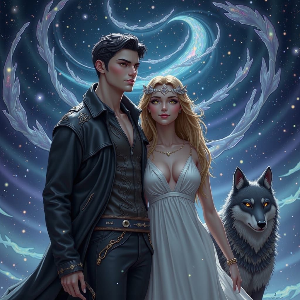 Ethereal Fantasy Couple Under a Starry Night Sky
