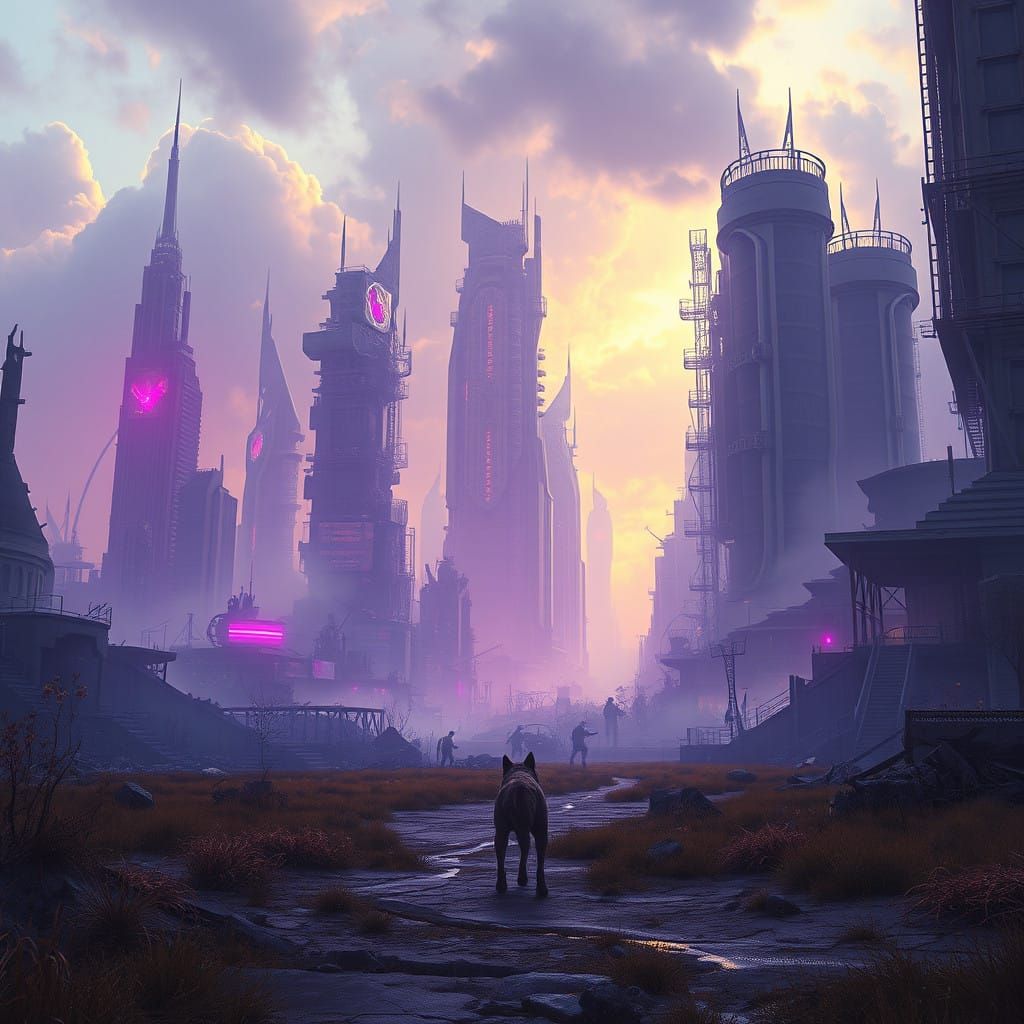 Dark Fantasy Cityscape in Post-Apocalypse Wilderness
