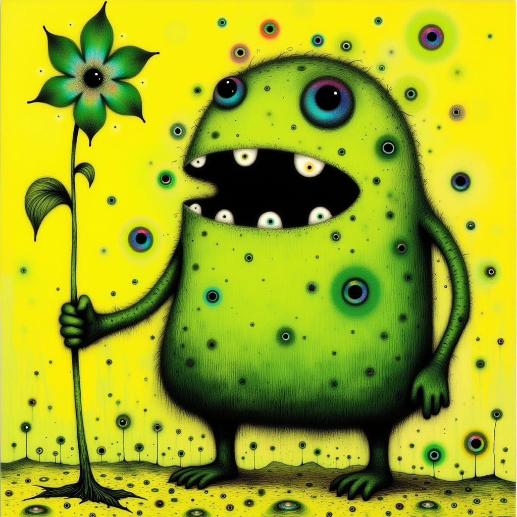 Whimsical Chartreuse Monster in Vibrant, Swirling Patterns