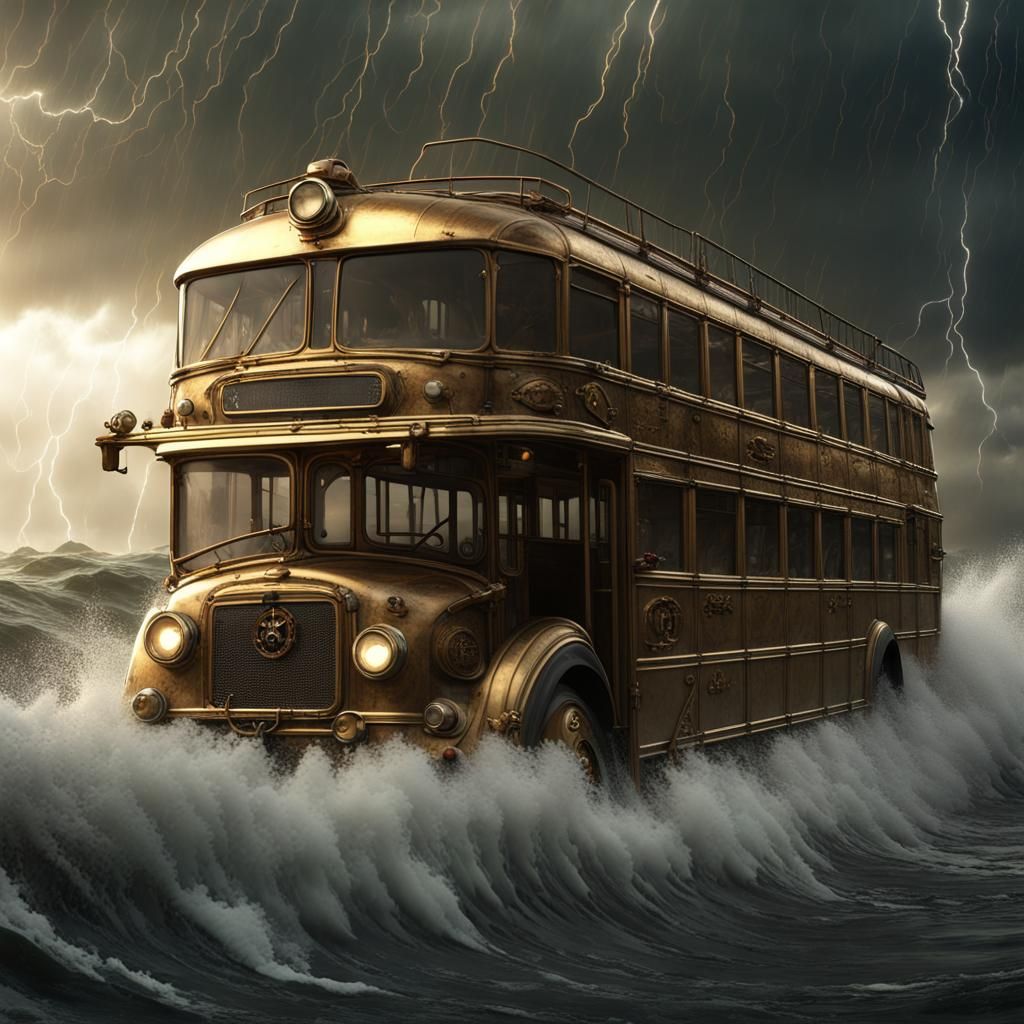Steampunk Bus Rides a Tsunami in OIl Painting Style
