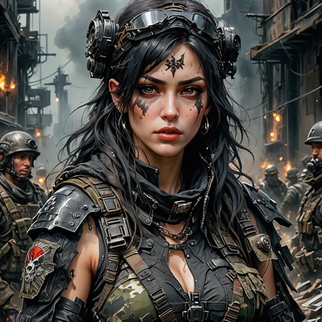 Post-Apocalyptic Gothic Army Girl in Acrylic Painting