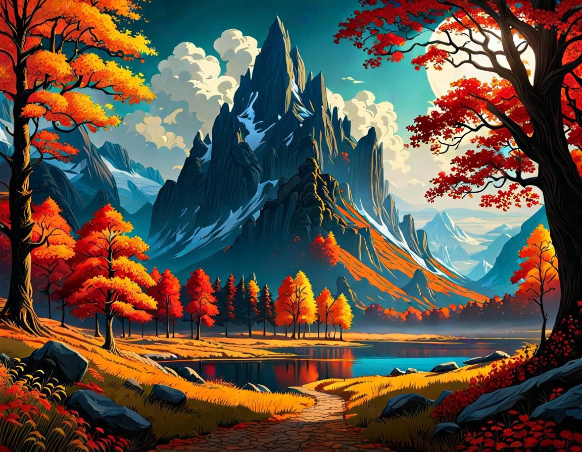 Autumn Landscape in Gouache Impressionist Style