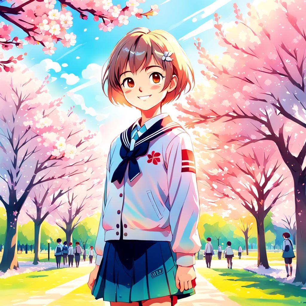 Anime Student in Sunny Cherry Blossom Park