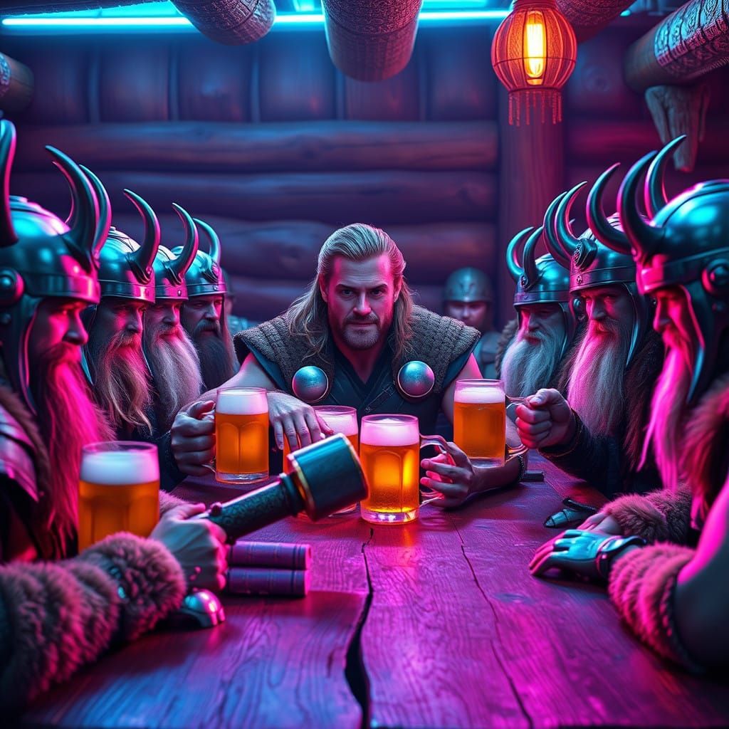 Chris Hemsworth as Thor Celebrates with Happy Vikings in Neo...