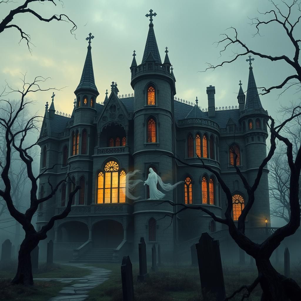 Gothic Villa with Spectral Figure in Victorian Style