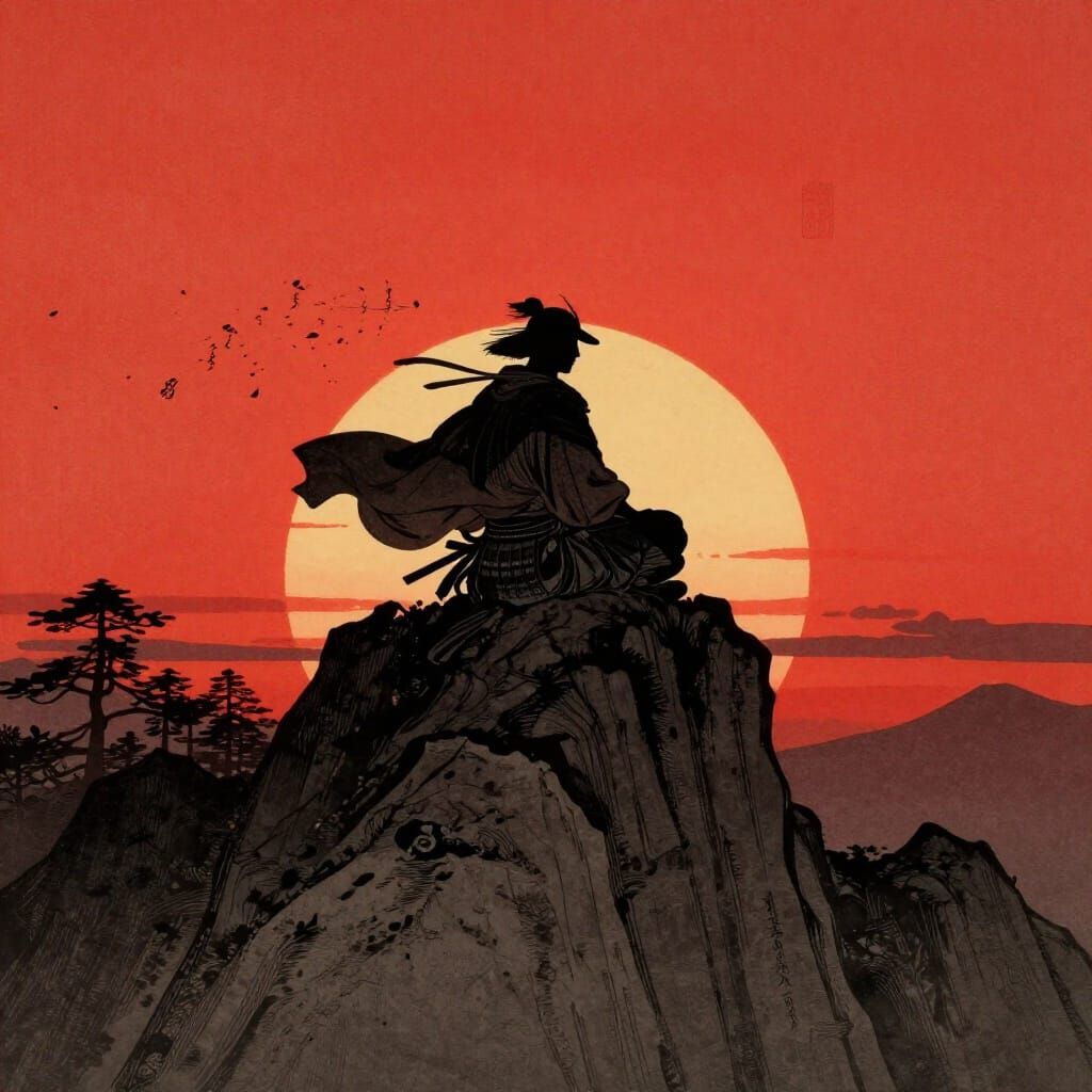 Samurai Meditating at Sunset in Ukiyo-e Style