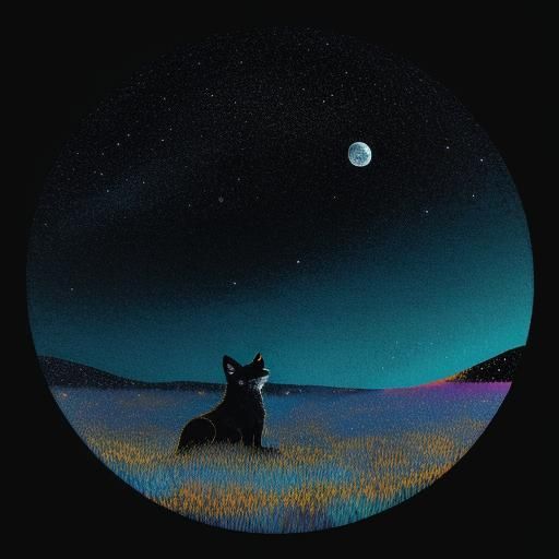 black fox shadow silhouette in field with black night sky stars, long shadow, arabesque turquoise moon beams made of cot...