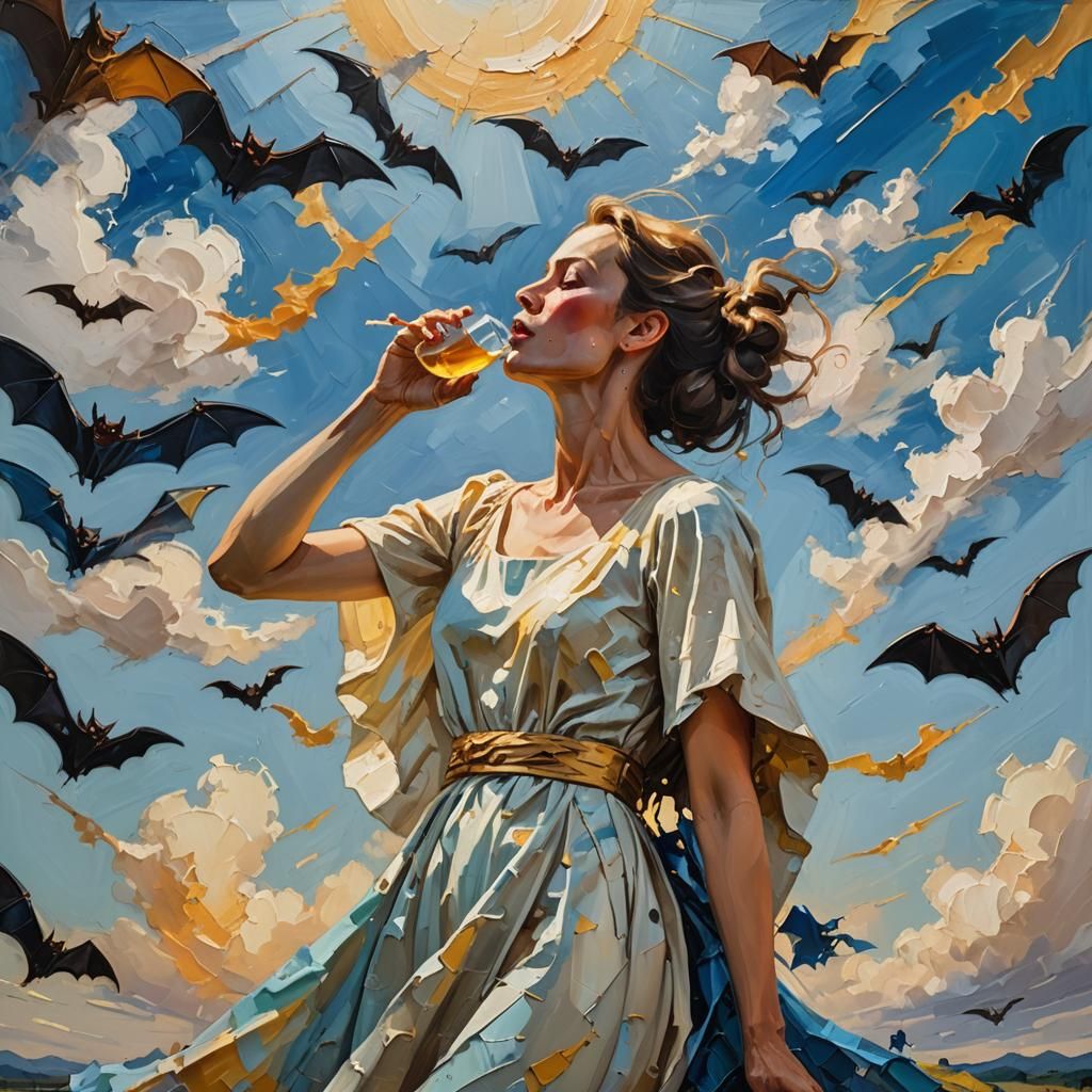 Woman with Bats as Neo-Expressionist Oil Painting