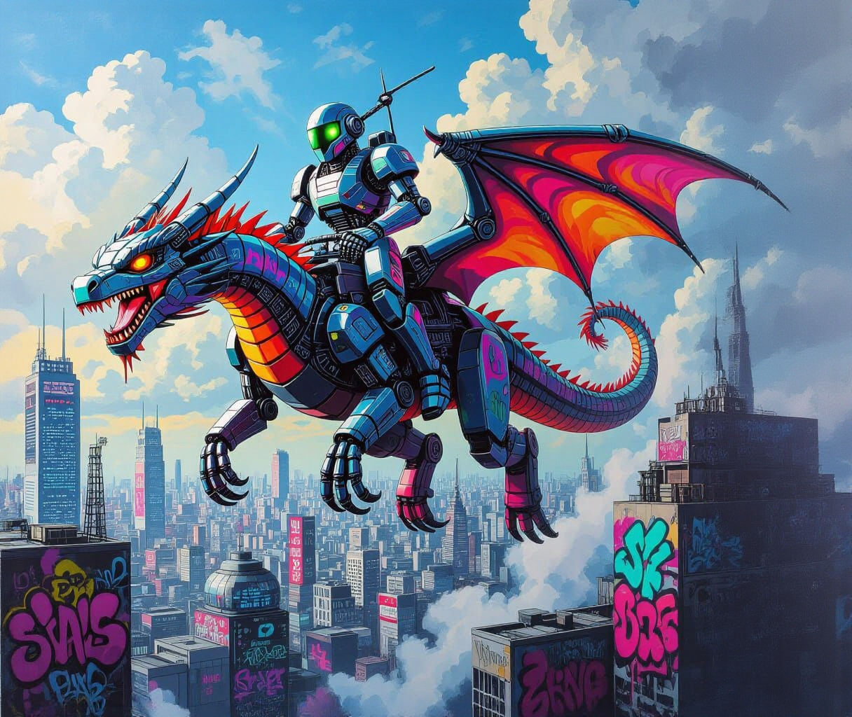Robot Rides Mechanical Dragon Over Futuristic City in Graffi...