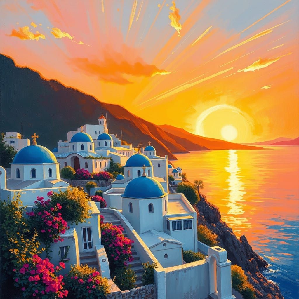 Impressionist Greek Island Sunset with Whitewashed Houses an...