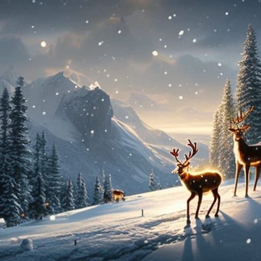 Festive Reindeer in Snowy Swedish Mountain Landscape
