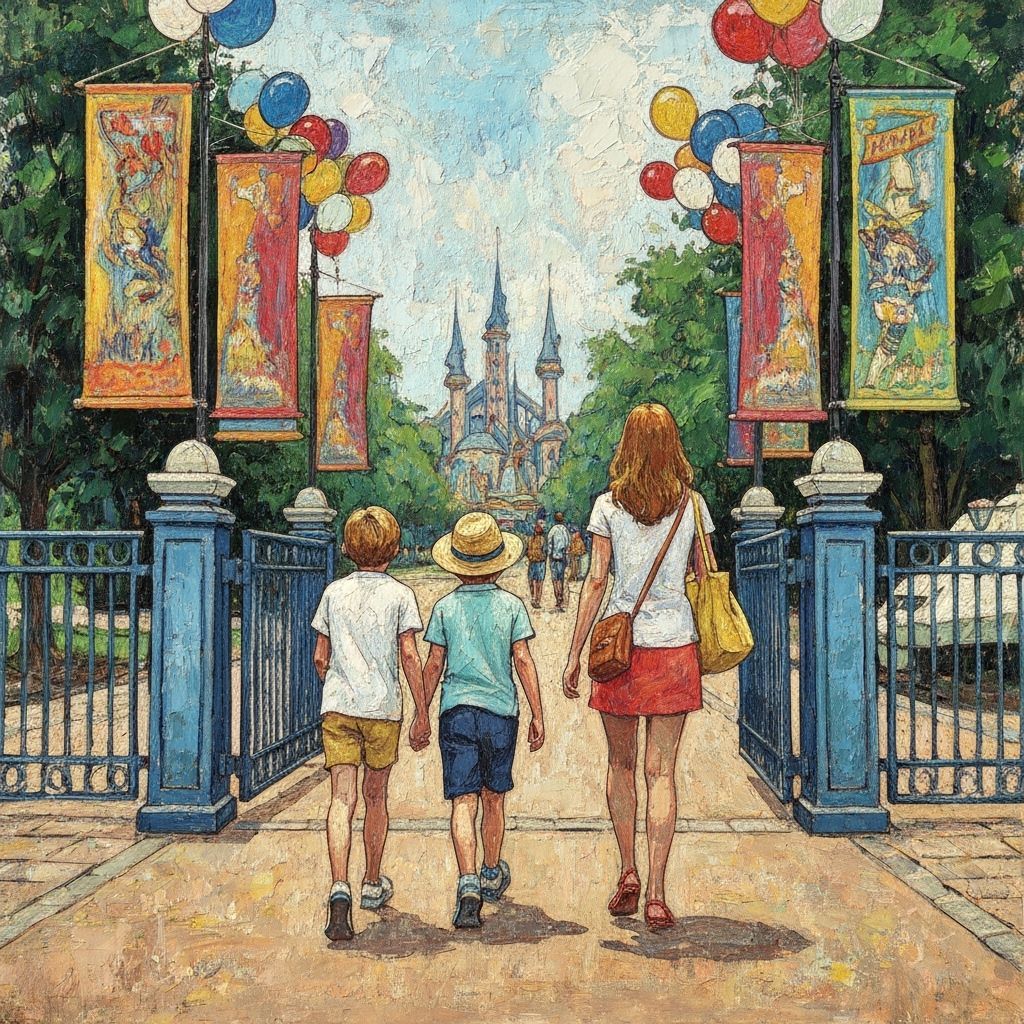 Theme Park Family in Post-Impressionist Style
