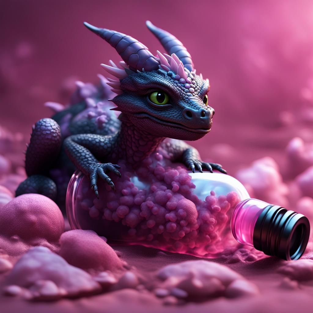 Black and Purple Dragon Hatchling with Pink Bottle