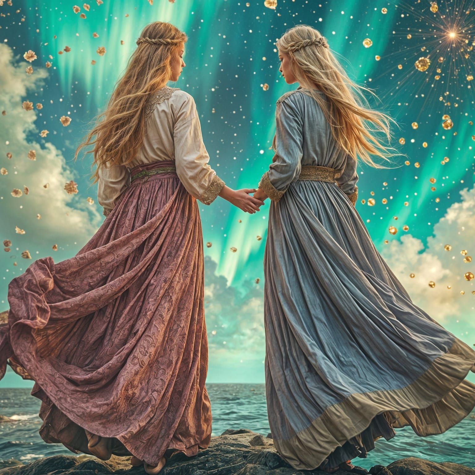 Sisters in a Dreamlike Aurora Boreale Scene