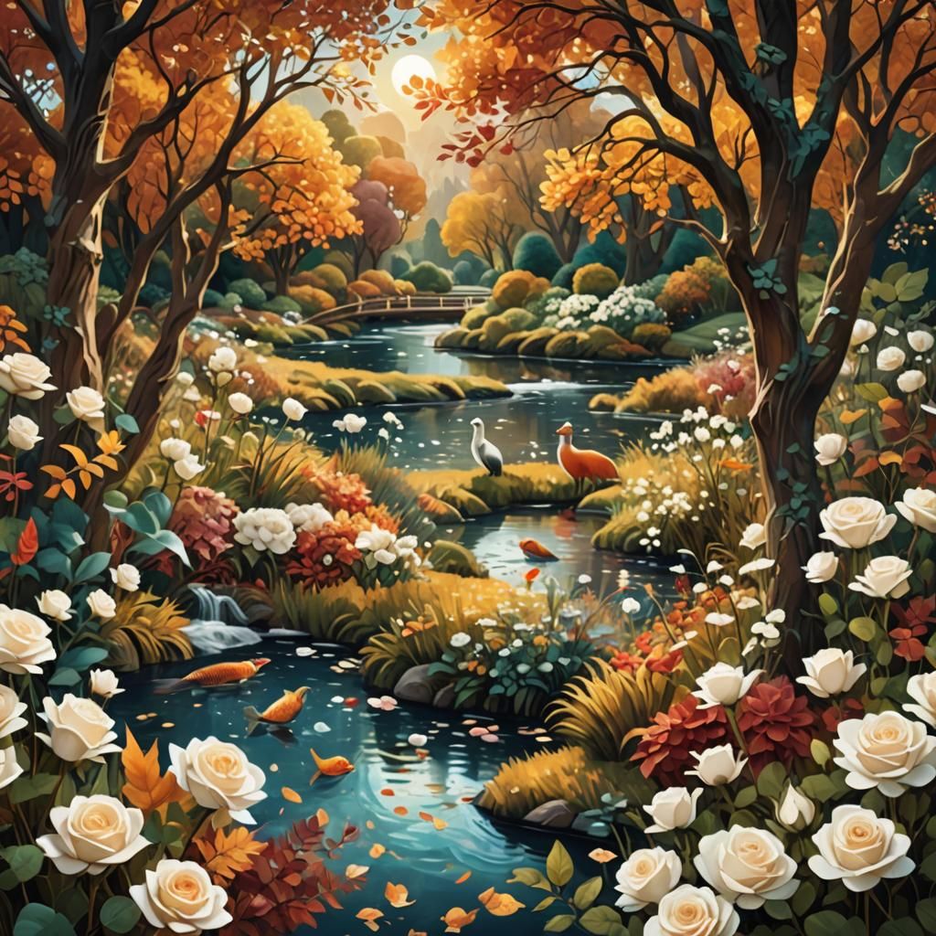 Autumn River Wildlife Paper Collage Art
