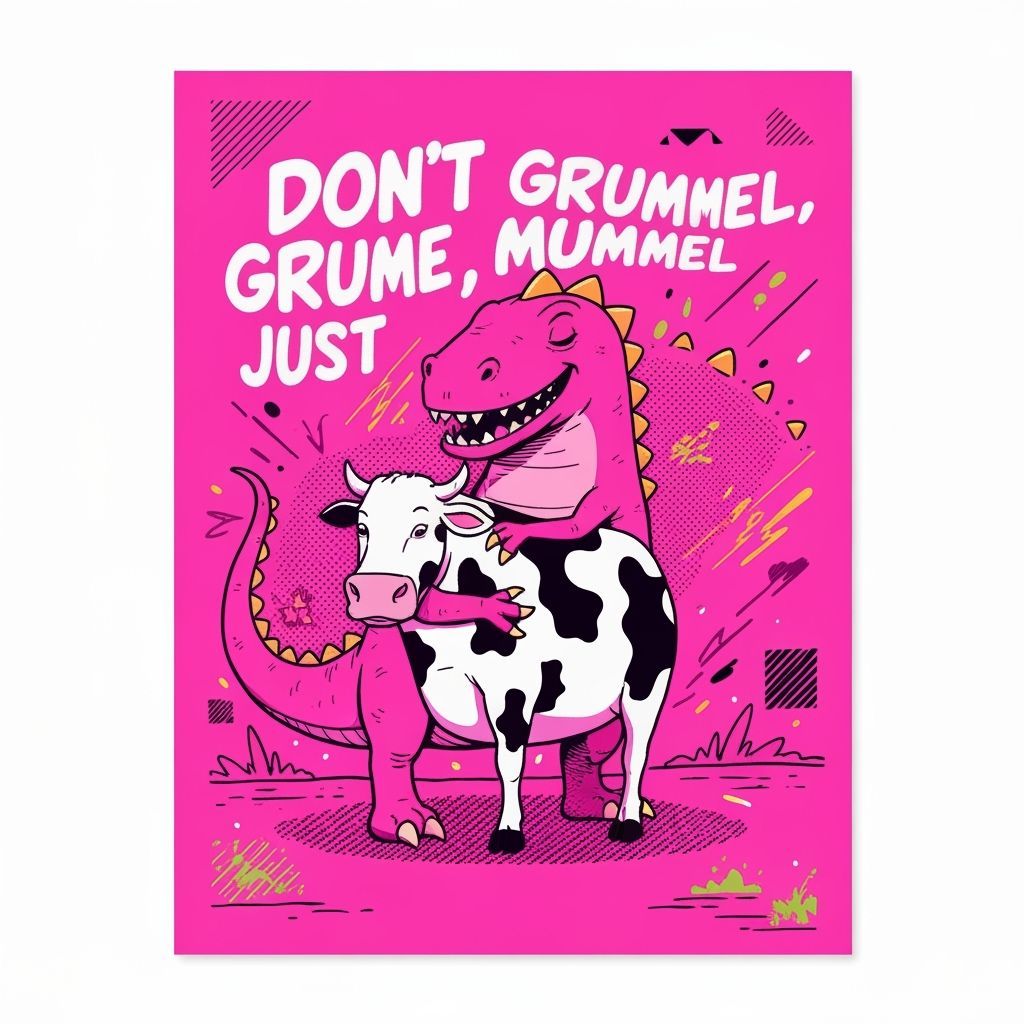 Dinosaur Hugs Cow on Pink Poster in 2D Comic Style