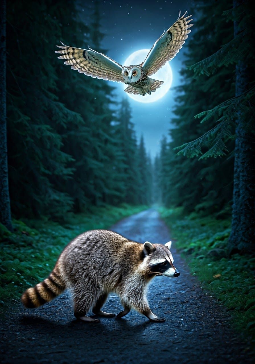Raccoon and Owl in Moonlit Forest: Photorealistic Wildlife