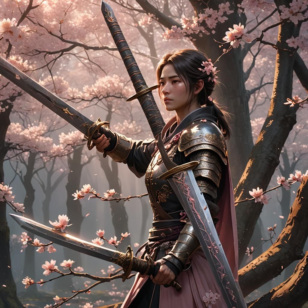 Cherry Blossoms Entwined on Rusty Sword in Golden Light