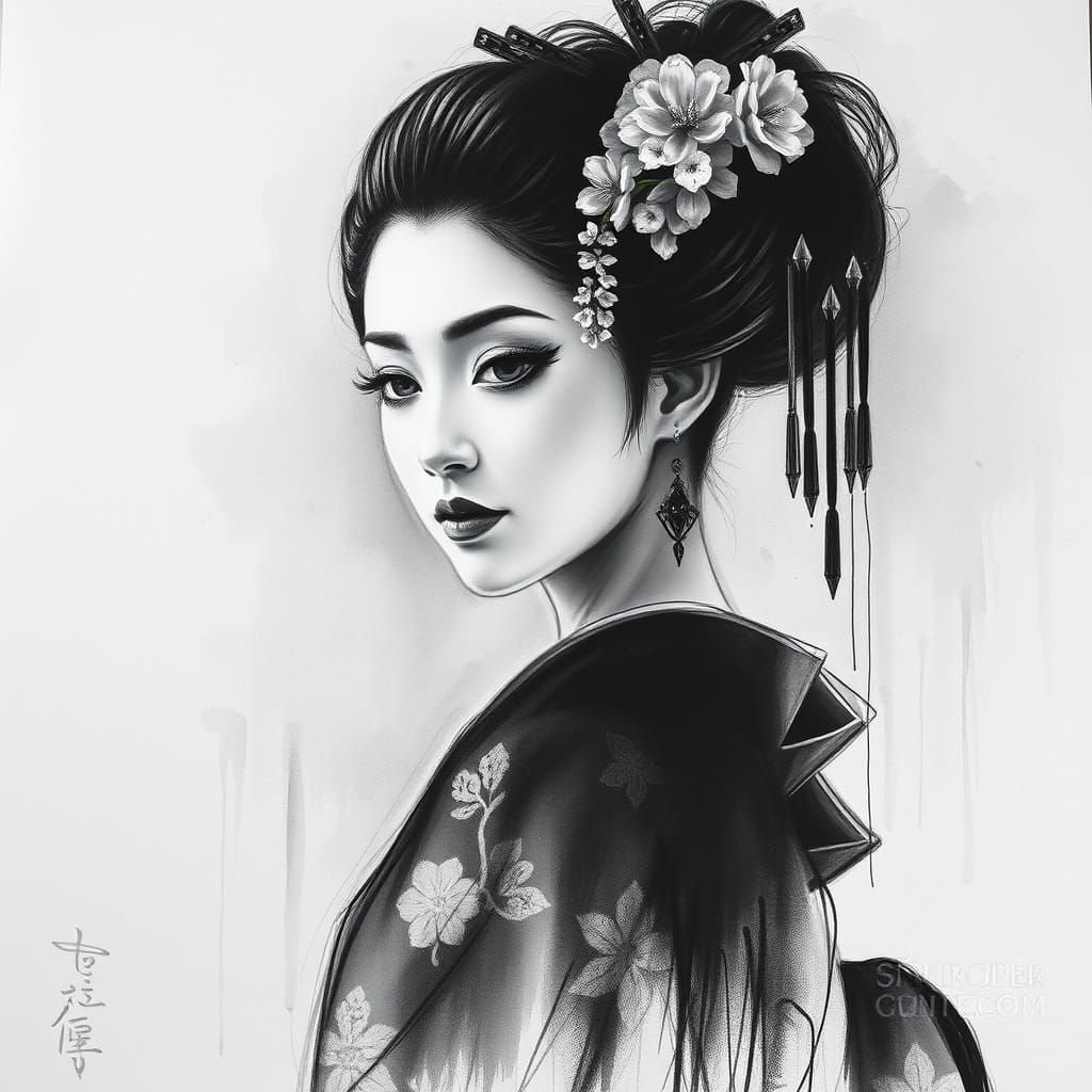 Elegant Geisha in Charcoal Drawing Style