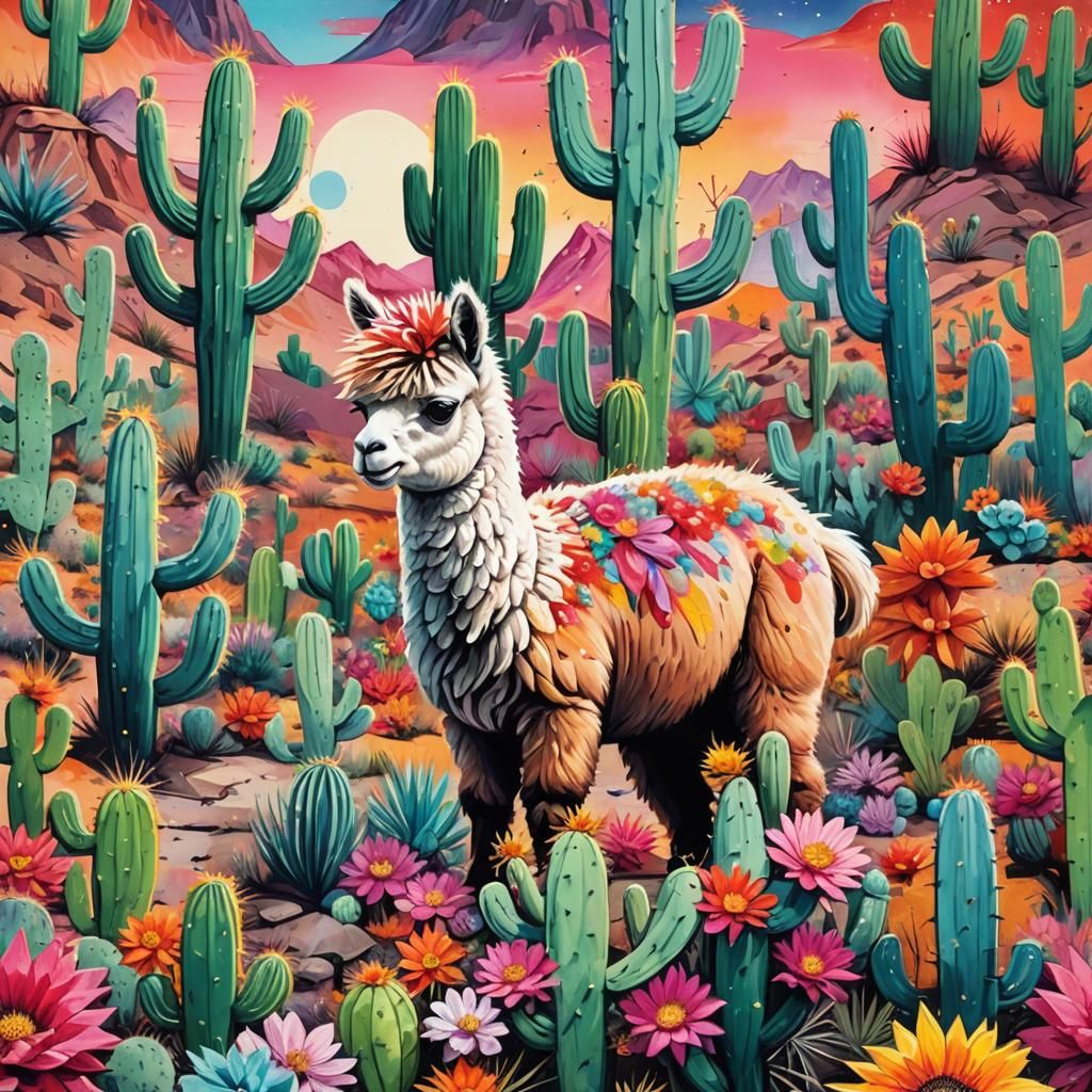 Alpaca's Cactus Dream in Street Art Style