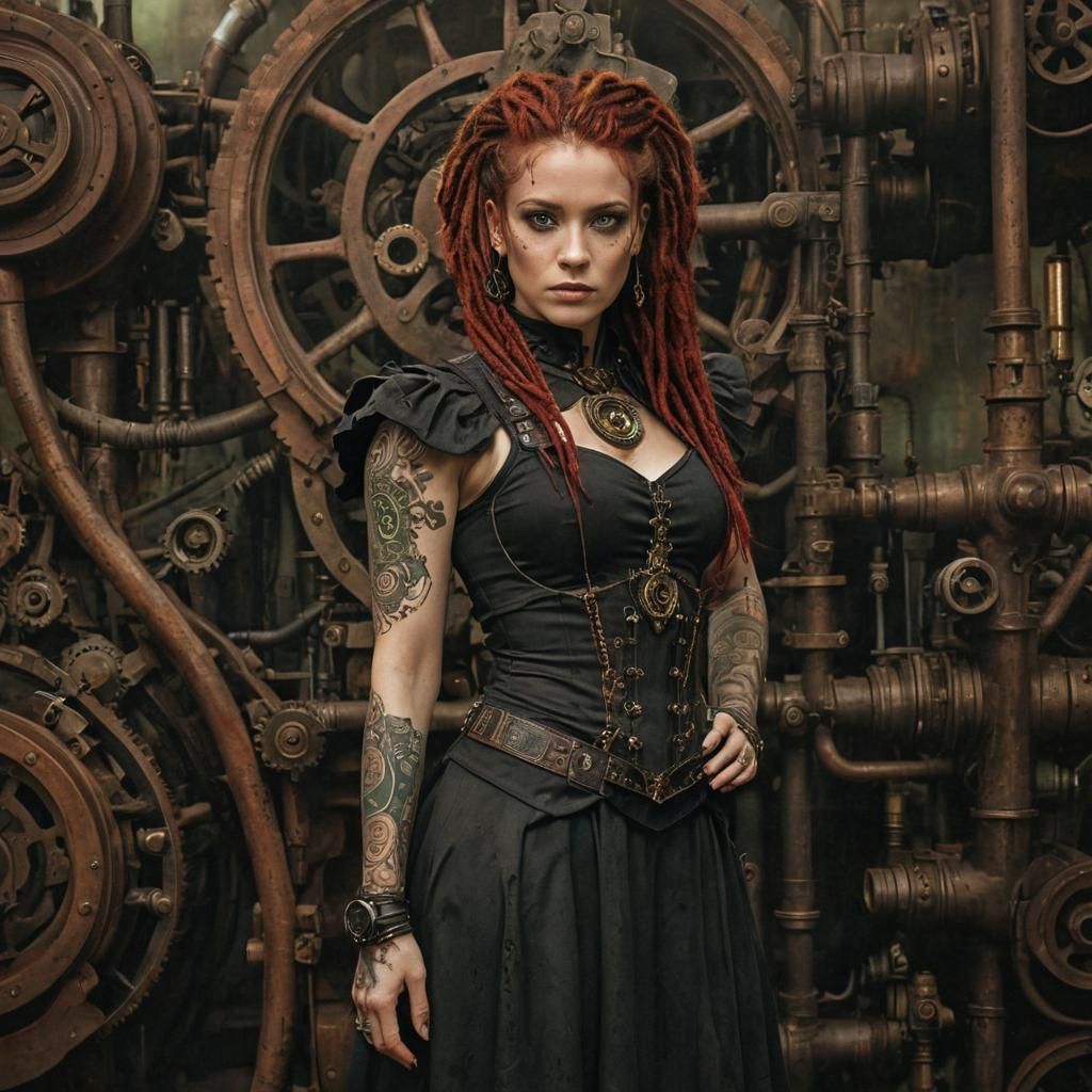 Steampunk Woman with Engine: Ink Illustration