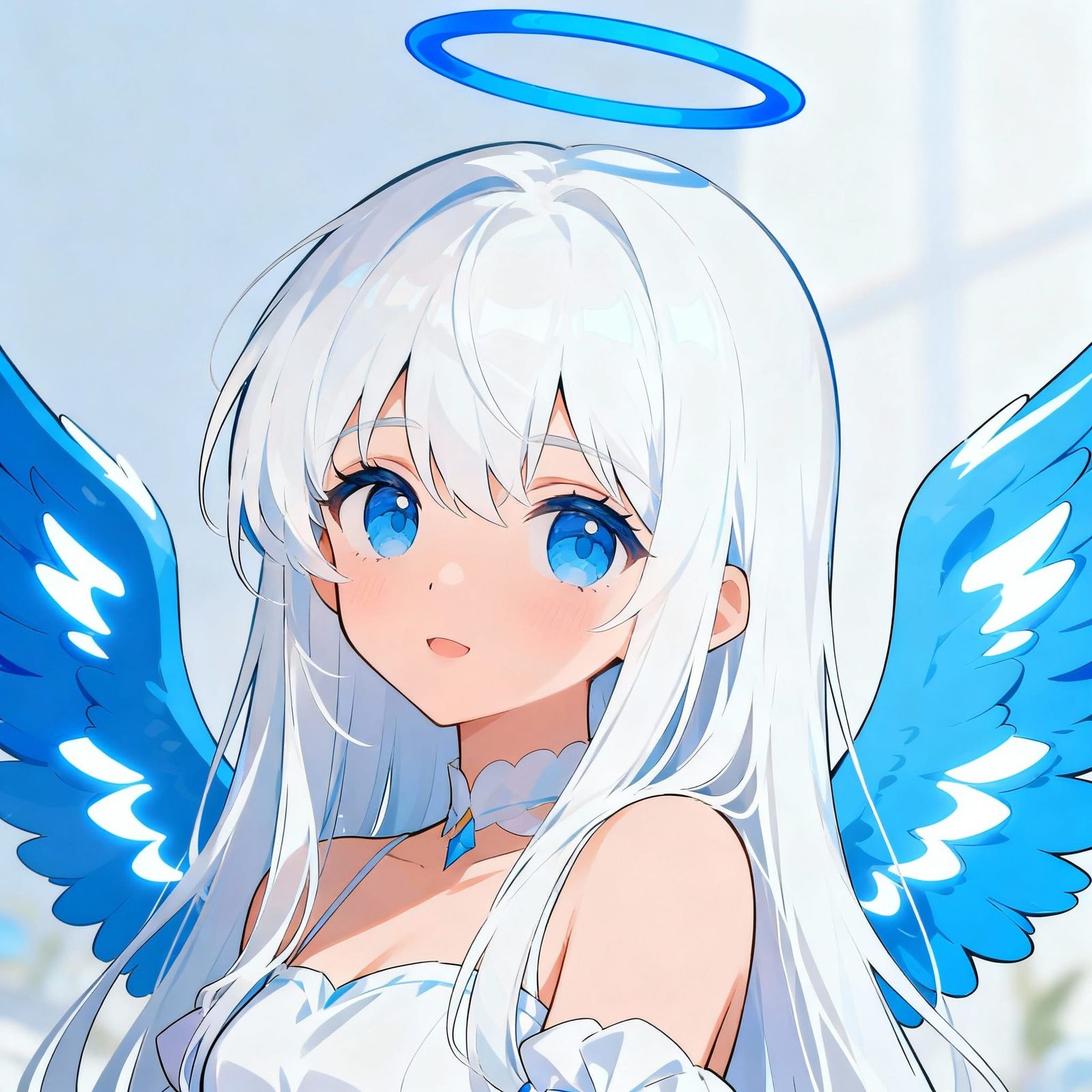 Cute Angel with Blue Wings and Halo in Anime Style