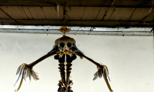 Menacing Bird Skull Skeleton in Dark Garage