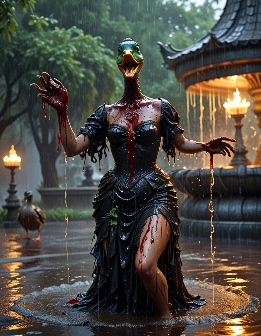 Macabre Serpent Queen Dancing in Bloody Fountain