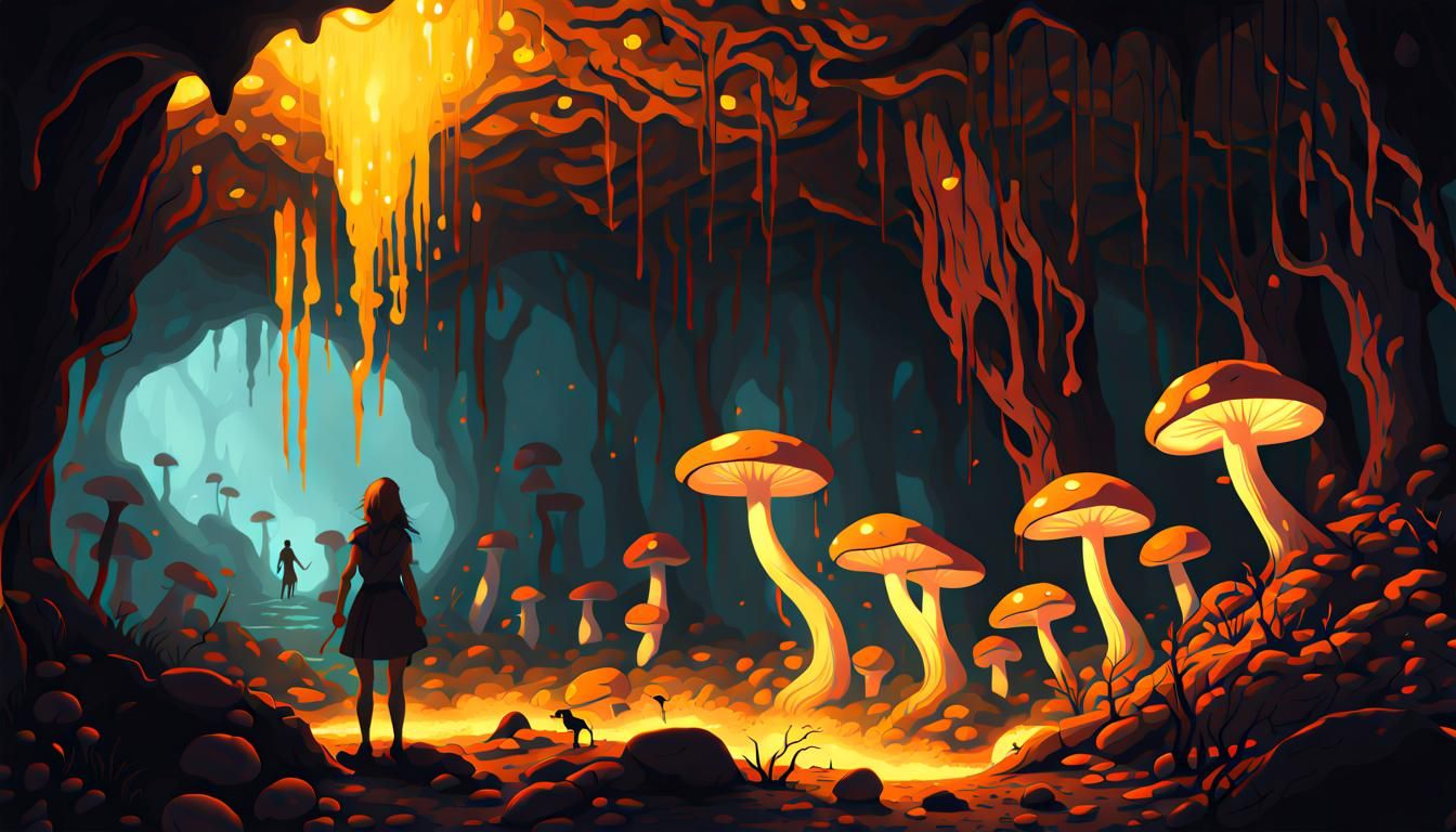 Glowing Mushroom Cave With Shadowy Figure