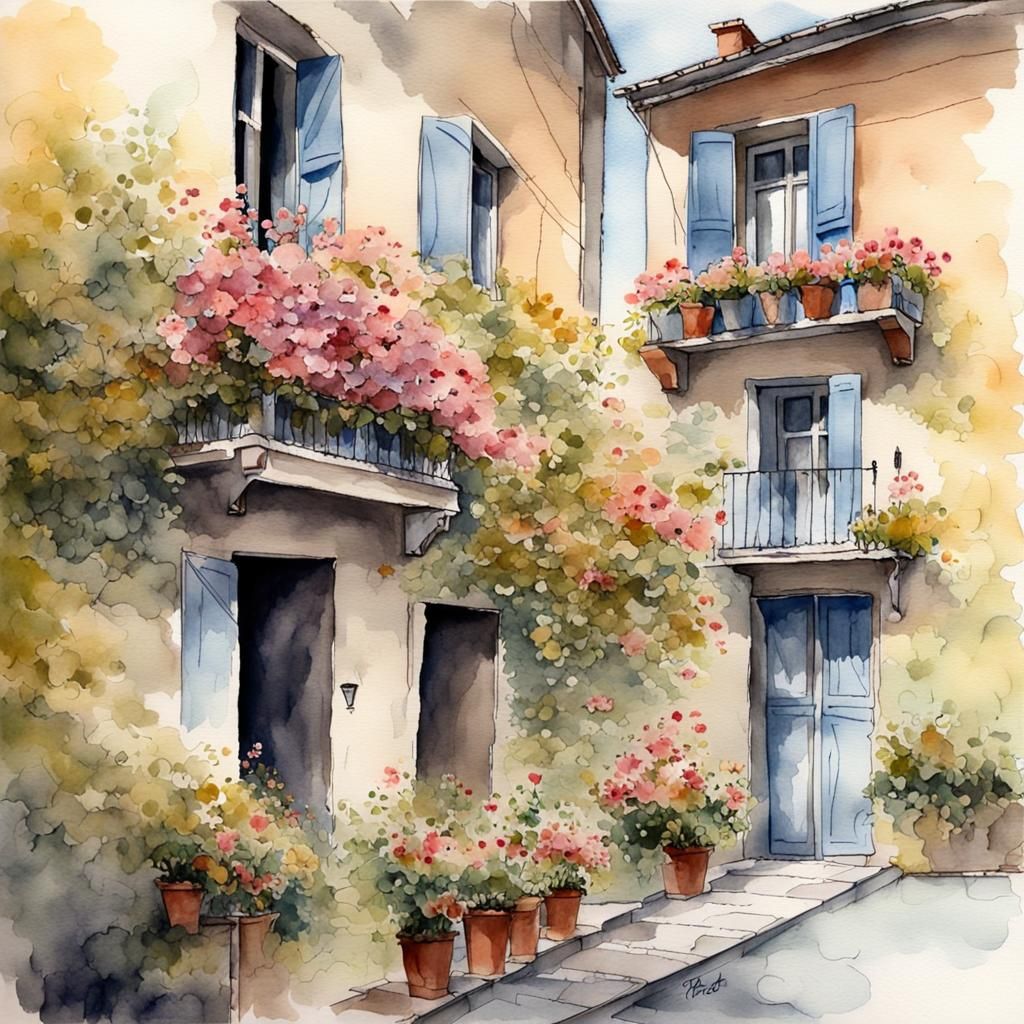 Charming Floral Street Scene in Naive Painting Style