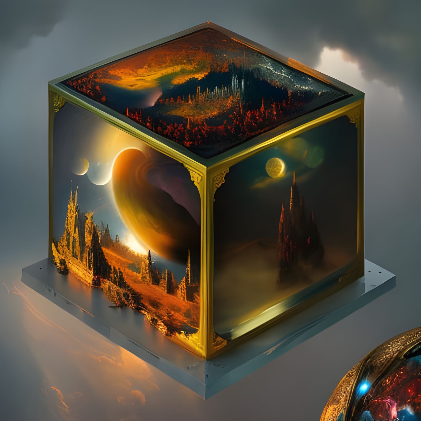 Mechanical Cube Floating in Space: Intricate Digital Art