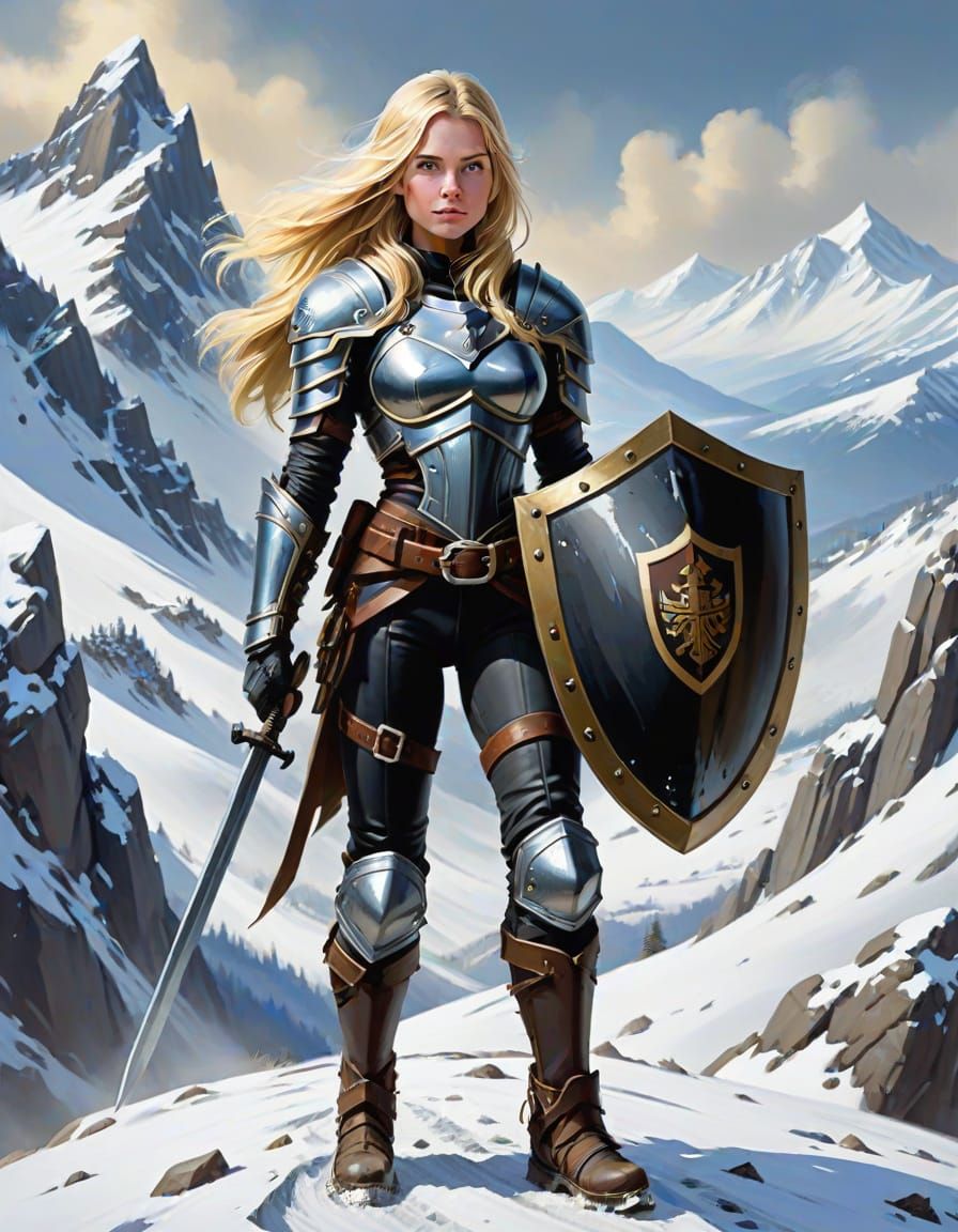 Armored Woman with Sword and Shield on Snowy Peak
