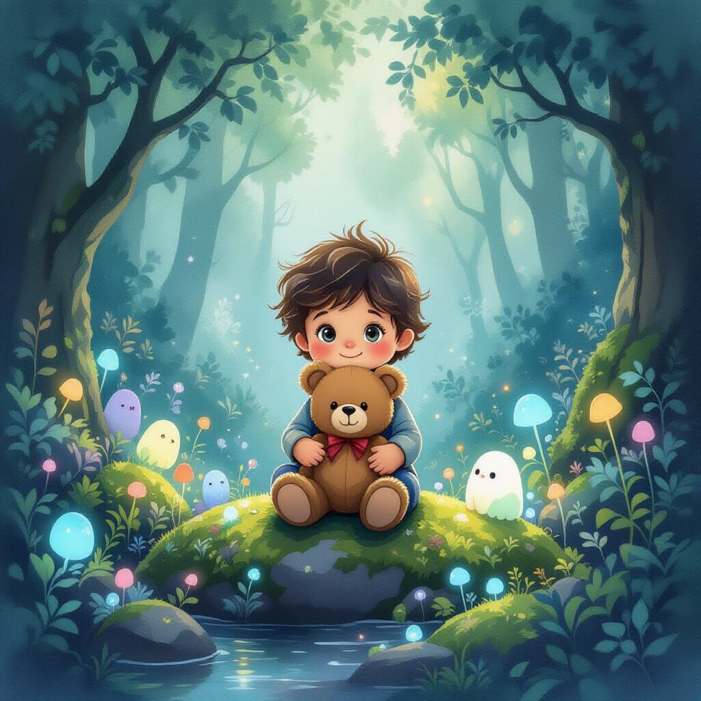 Child with Teddy Bear in Enchanted Forest - Watercolor Illus...