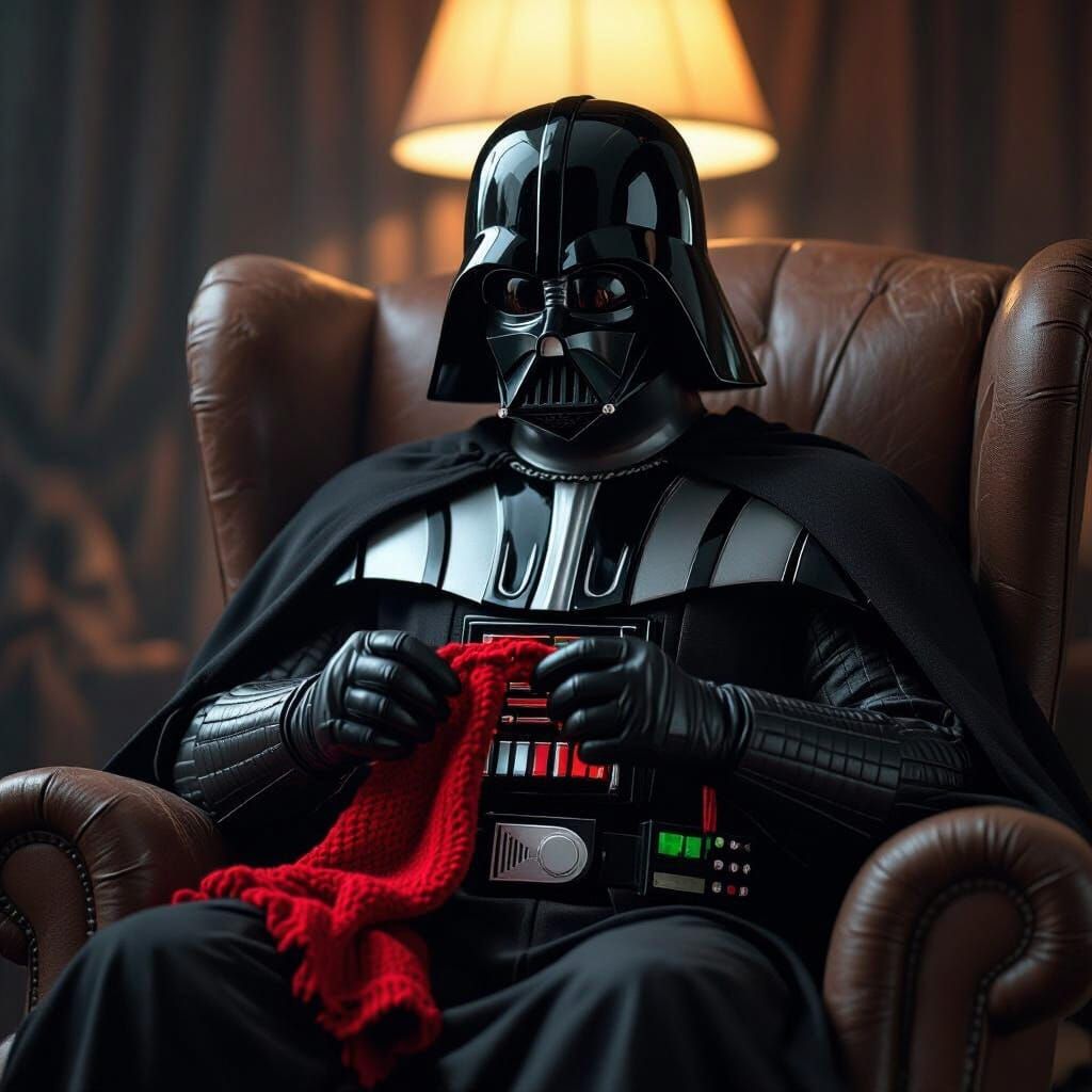 Darth Vader Knitting a Red Scarf with Dramatic Lighting