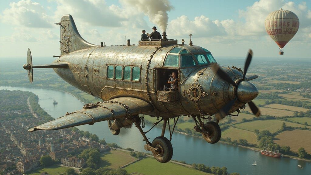 Steampunk Dog Aircraft Over English Countryside